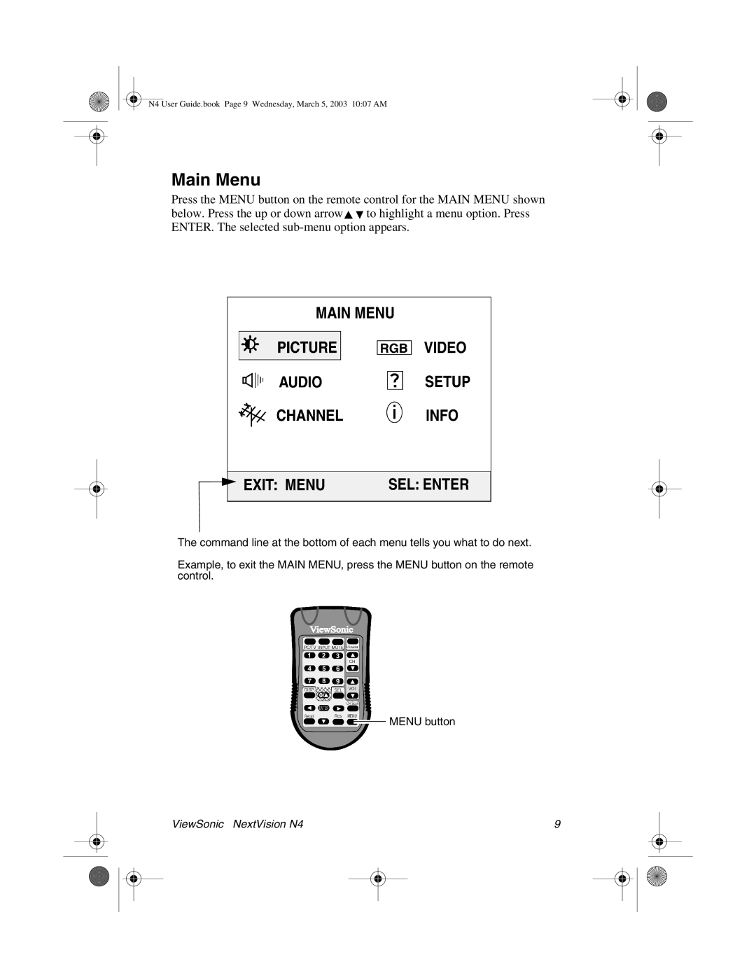 ViewSonic N4 manual Main Menu 