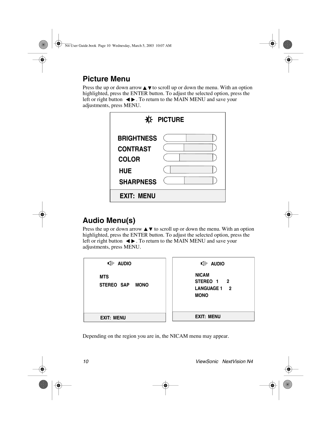 ViewSonic N4 manual Picture Menu, Audio Menus 