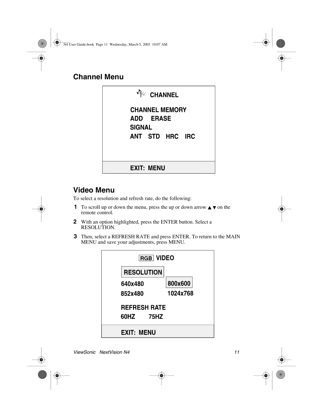 ViewSonic N4 manual Channel Menu Video Menu, Resolution 