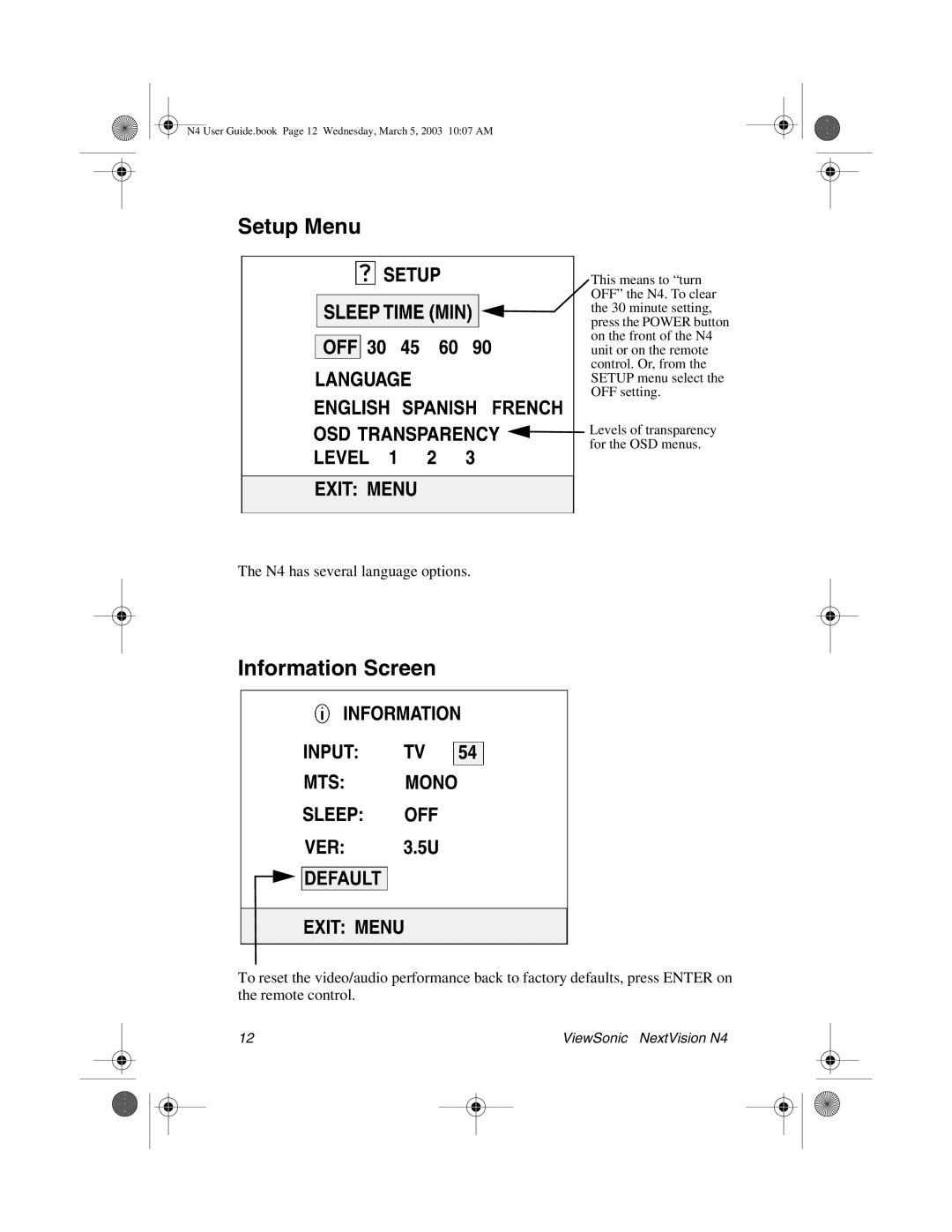 ViewSonic N4 manual Setup Menu, Information Screen 