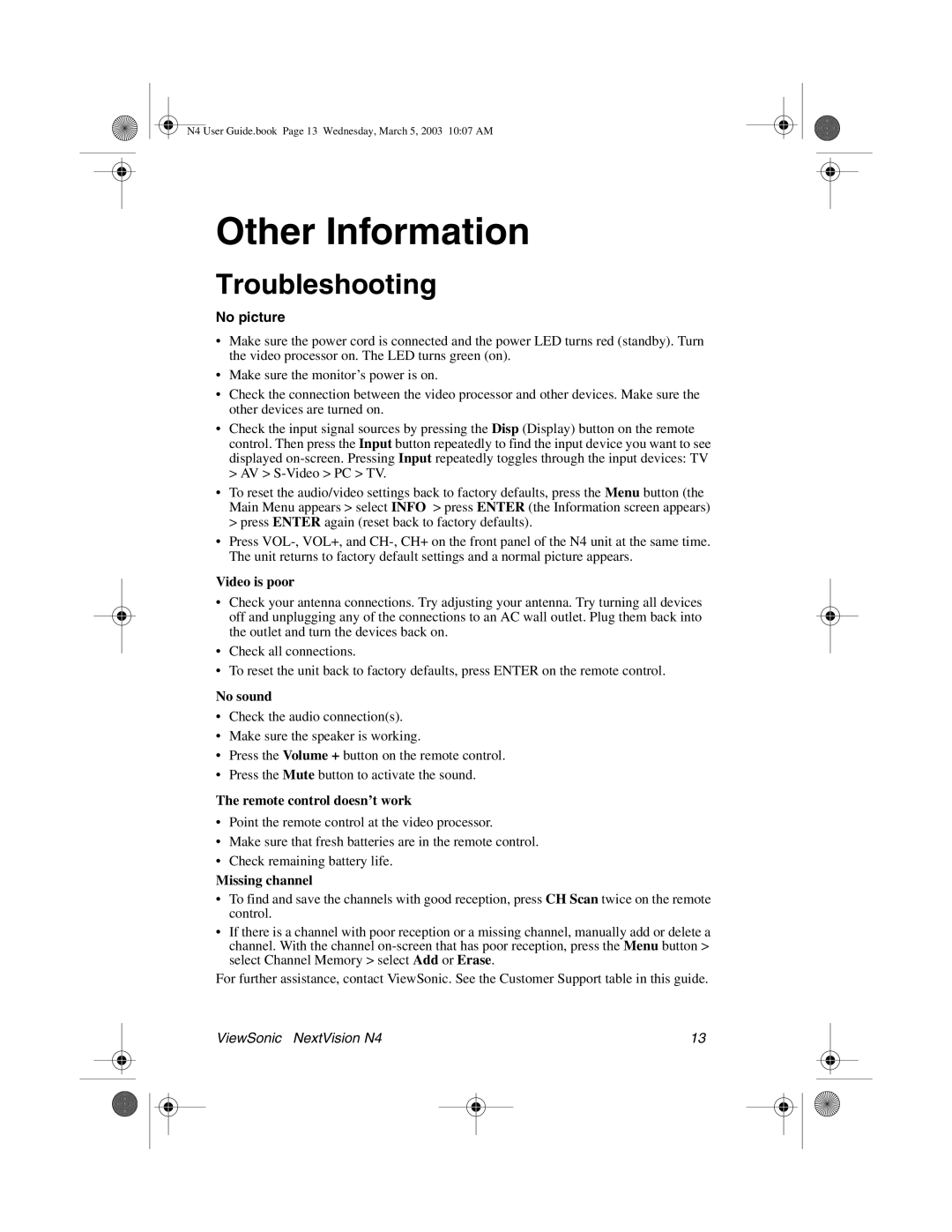 ViewSonic N4 manual Other Information, Troubleshooting 