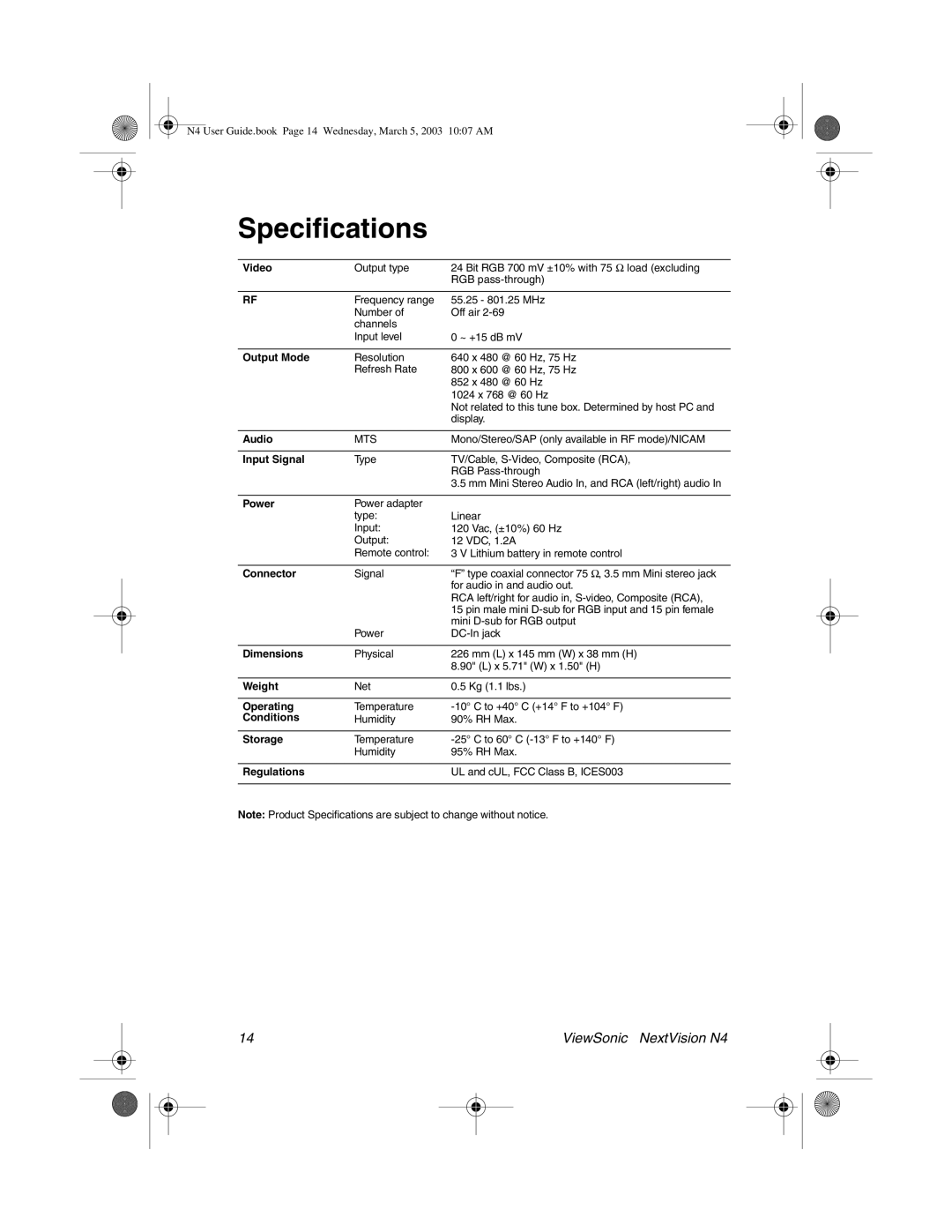 ViewSonic N4 manual Specifications, Video 