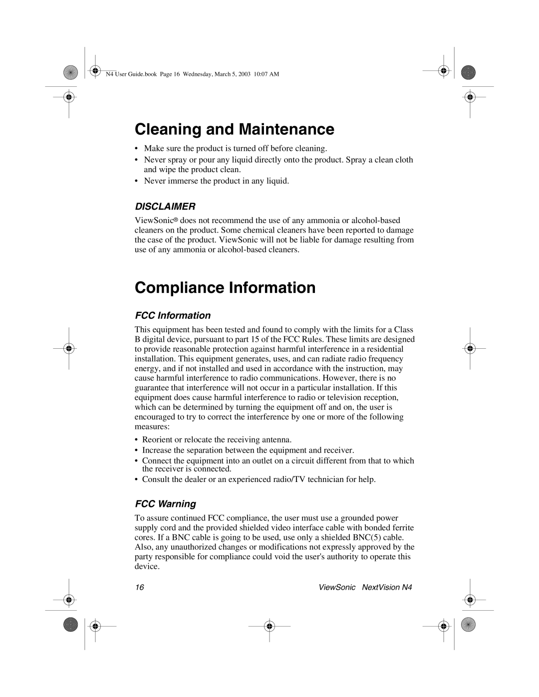 ViewSonic N4 manual Cleaning and Maintenance, Compliance Information 