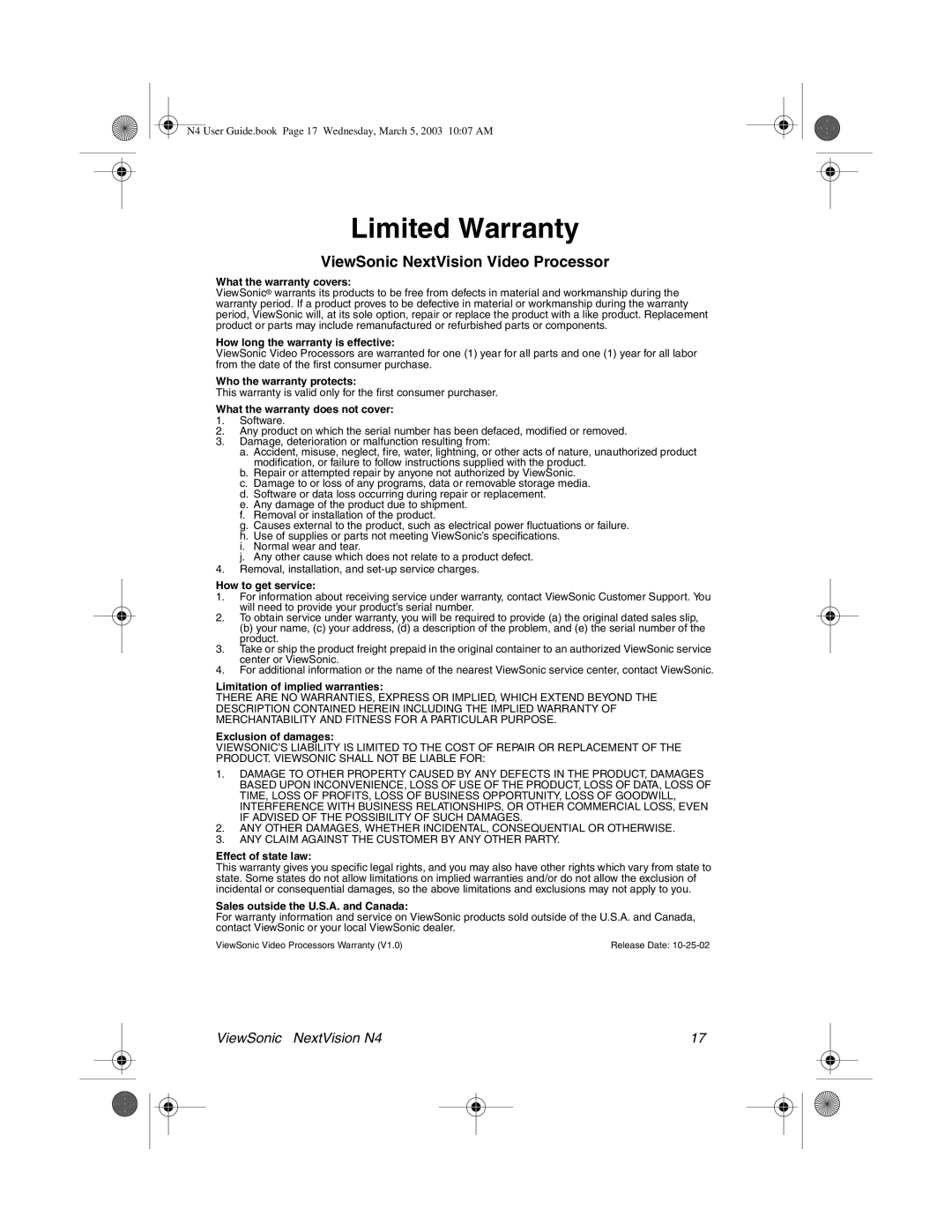 ViewSonic N4 manual Limited Warranty, ViewSonic NextVision Video Processor 