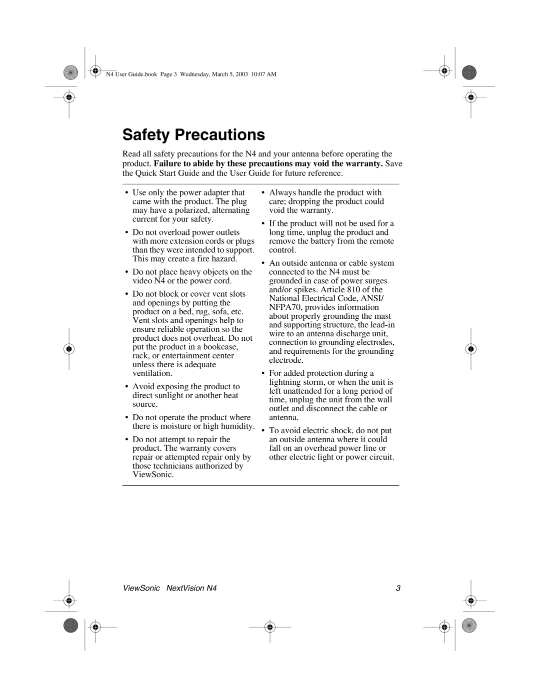 ViewSonic N4 manual Safety Precautions 