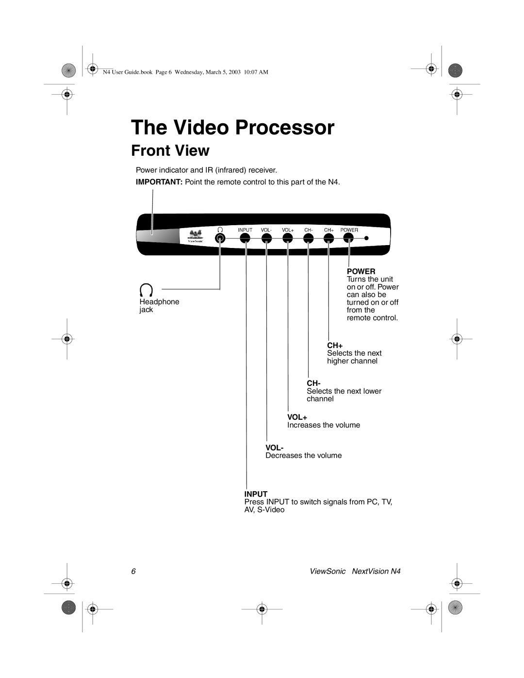 ViewSonic N4 manual Video Processor, Front View 