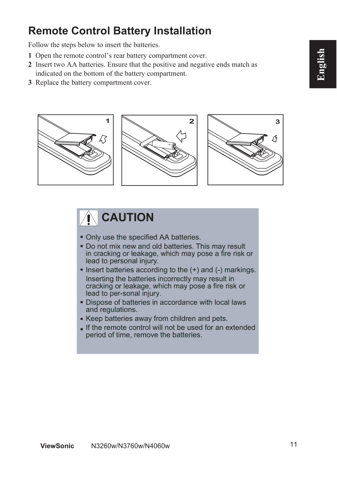 ViewSonic N3260W, N4060w, N3760w manual Remote Control Battery Installation 