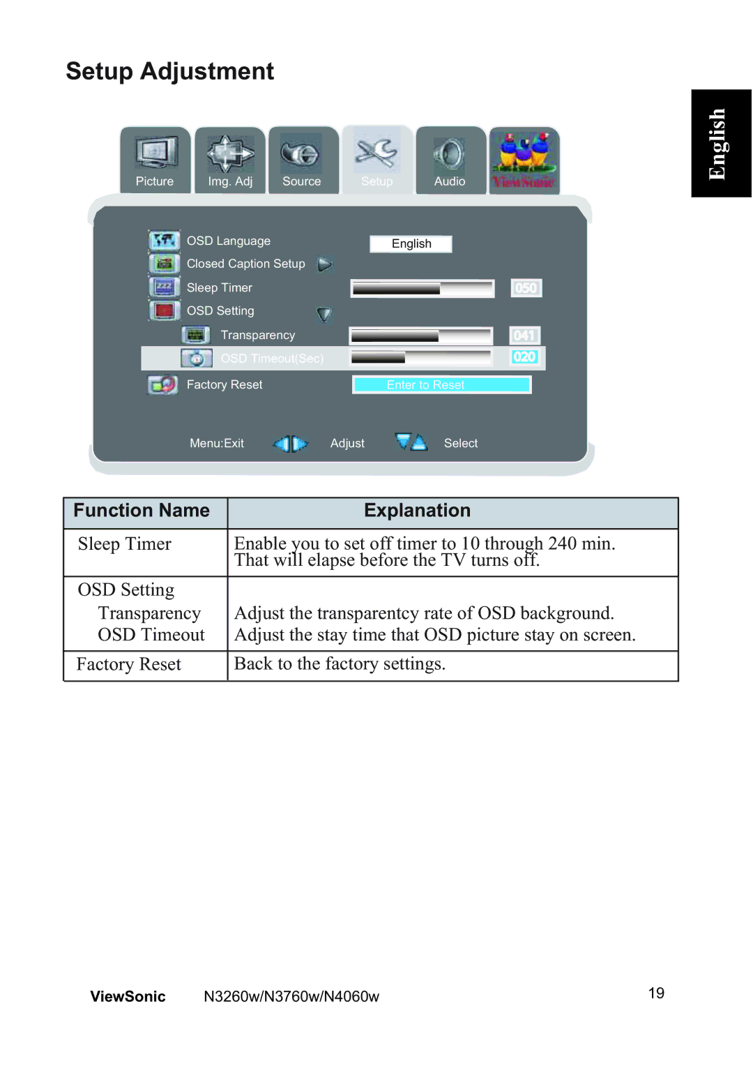 ViewSonic N4060w, N3260W, N3760w manual Setup Adjustment 