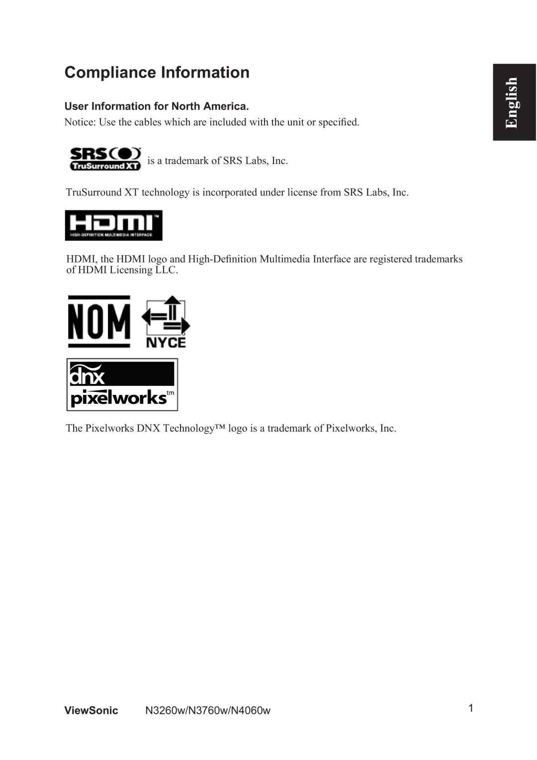 ViewSonic N4060w, N3260W, N3760w manual Compliance Information, User Information for North America 