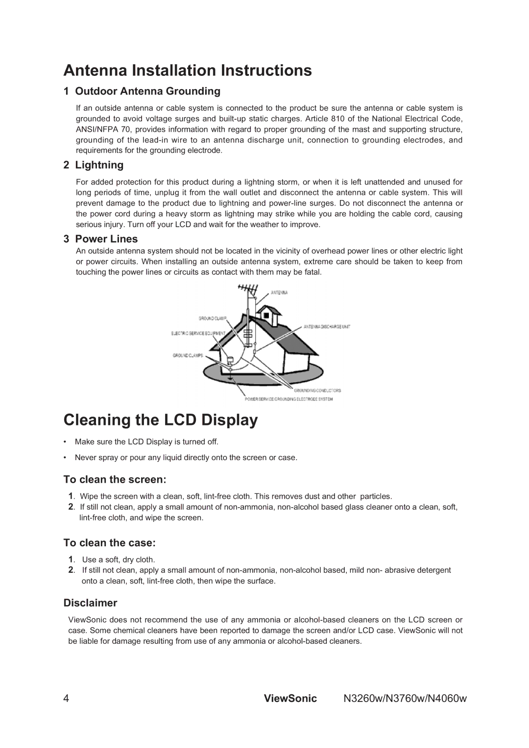 ViewSonic N4060w, N3260W, N3760w manual Antenna Installation Instructions, Cleaning the LCD Display 