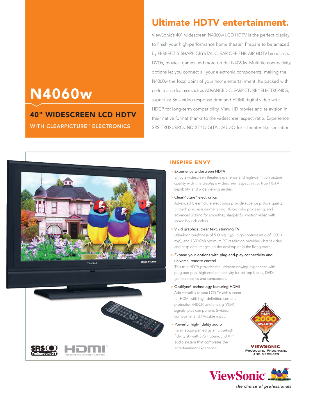 ViewSonic N4060w manual Experience widescreen Hdtv, ClearPicture electronics, Vivid graphics, clear text, stunning TV 