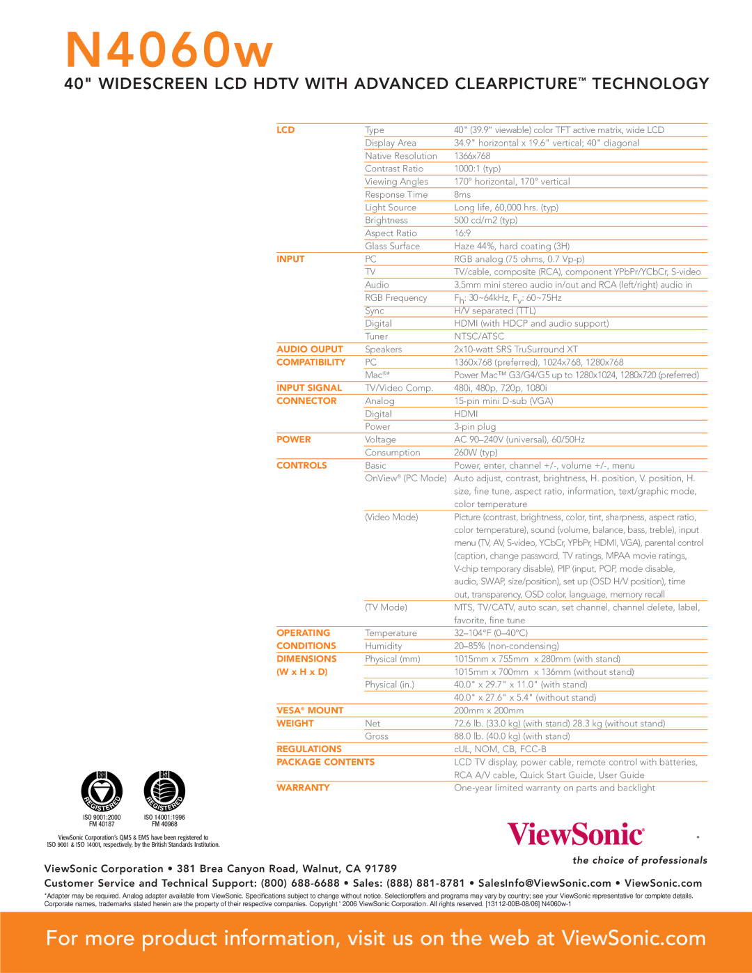 ViewSonic N4060w Lcd, Audio Ouput, Compatibility, Input Signal, Connector, Power, Controls, Operating, Conditions 