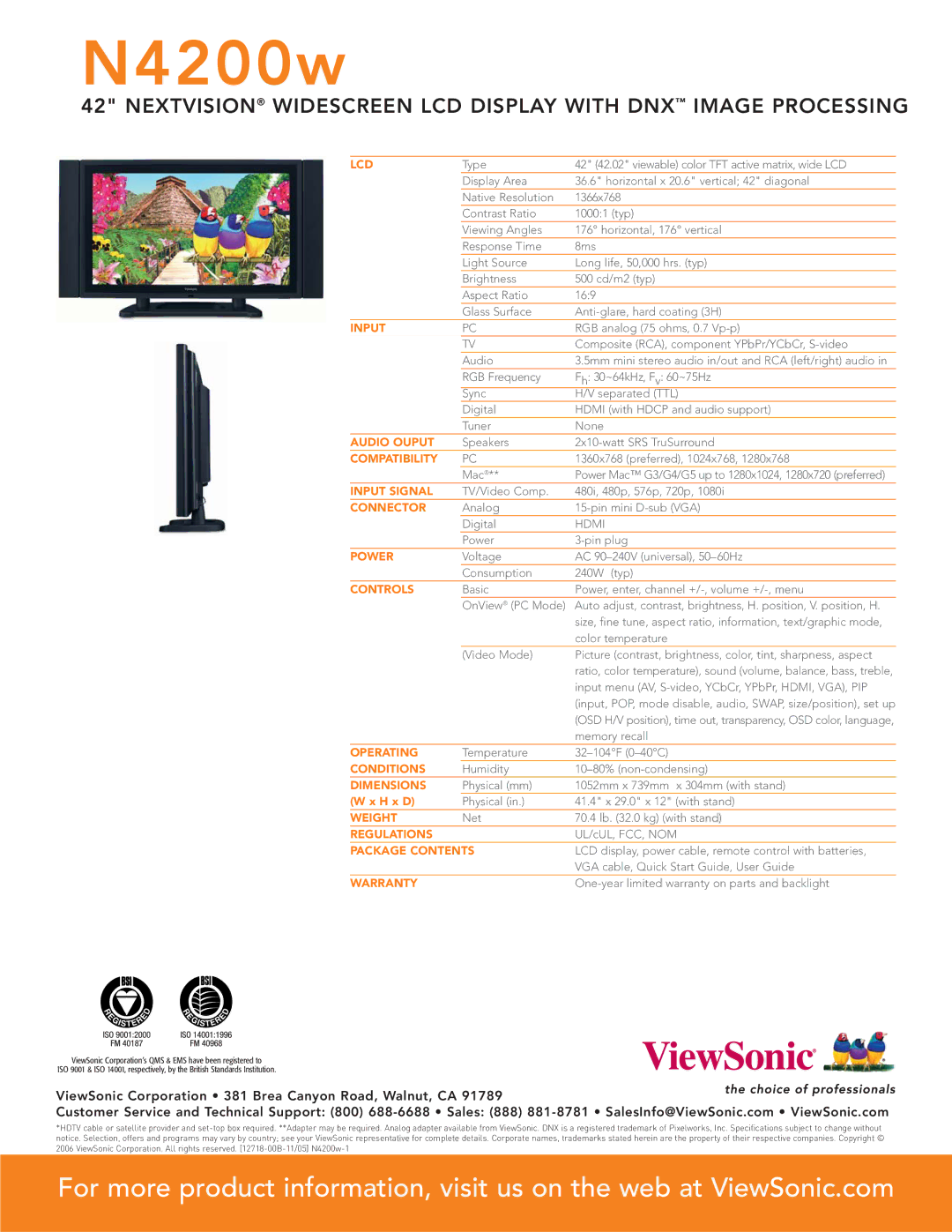 ViewSonic N4200w 42 Lcd, Audio Ouput, Compatibility, Input Signal, Connector, Power, Controls, Operating, Conditions 