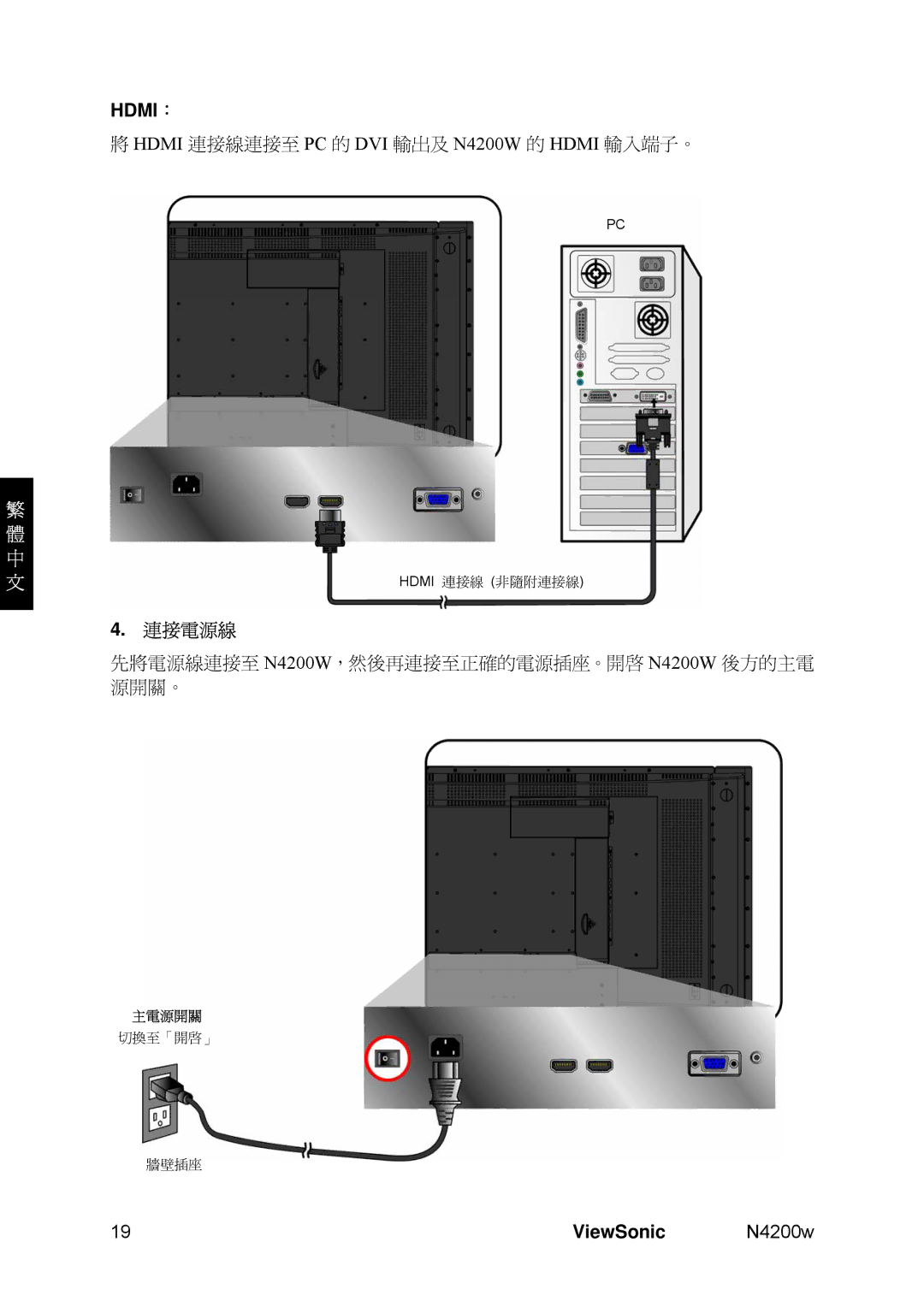 ViewSonic VS10945-1M, N4200W manual Hdmi：, 連接電源線 