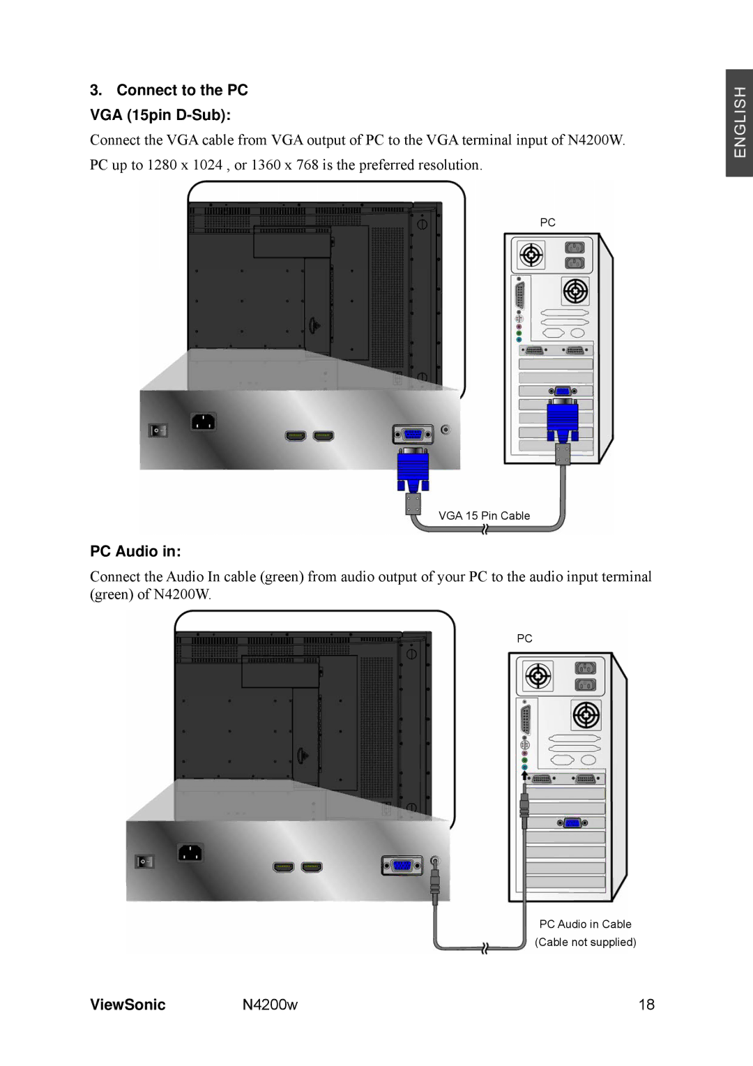 ViewSonic N4200W manual Connect to the PC VGA 15pin D-Sub, PC Audio 