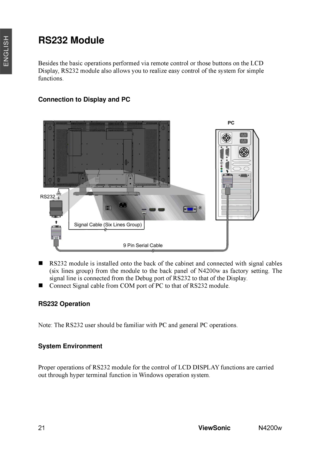 ViewSonic N4200W manual RS232 Module, Connection to Display and PC, RS232 Operation System Environment 