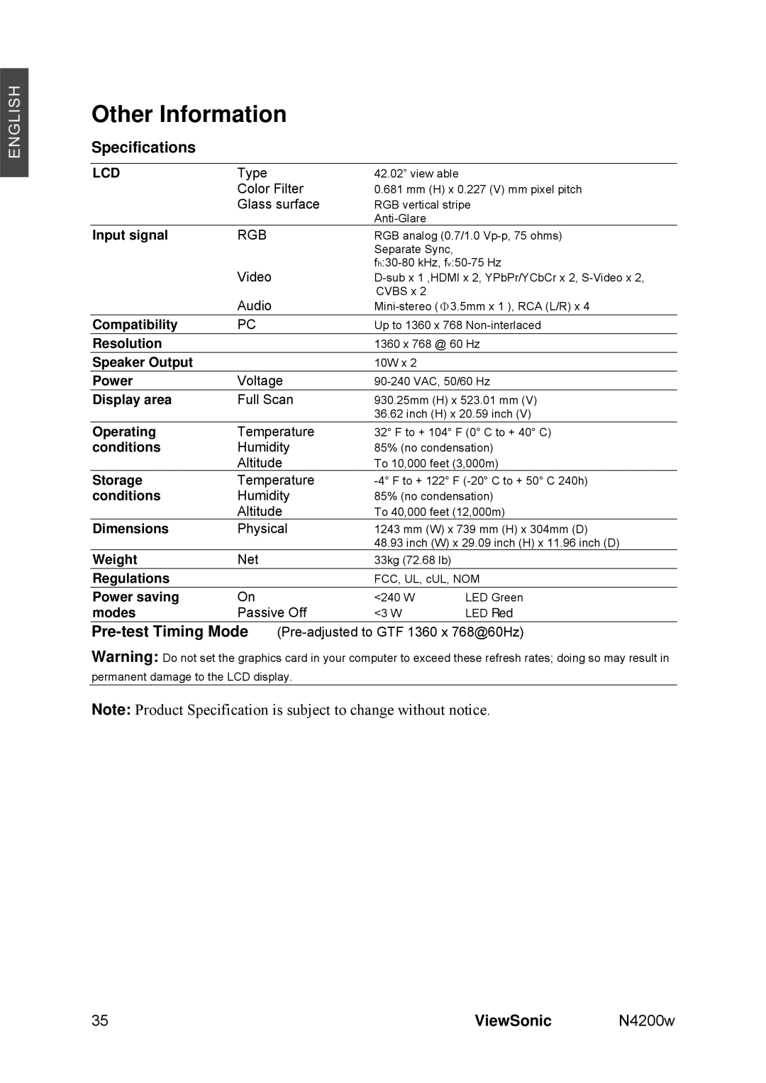 ViewSonic N4200W manual Other Information, Specifications 