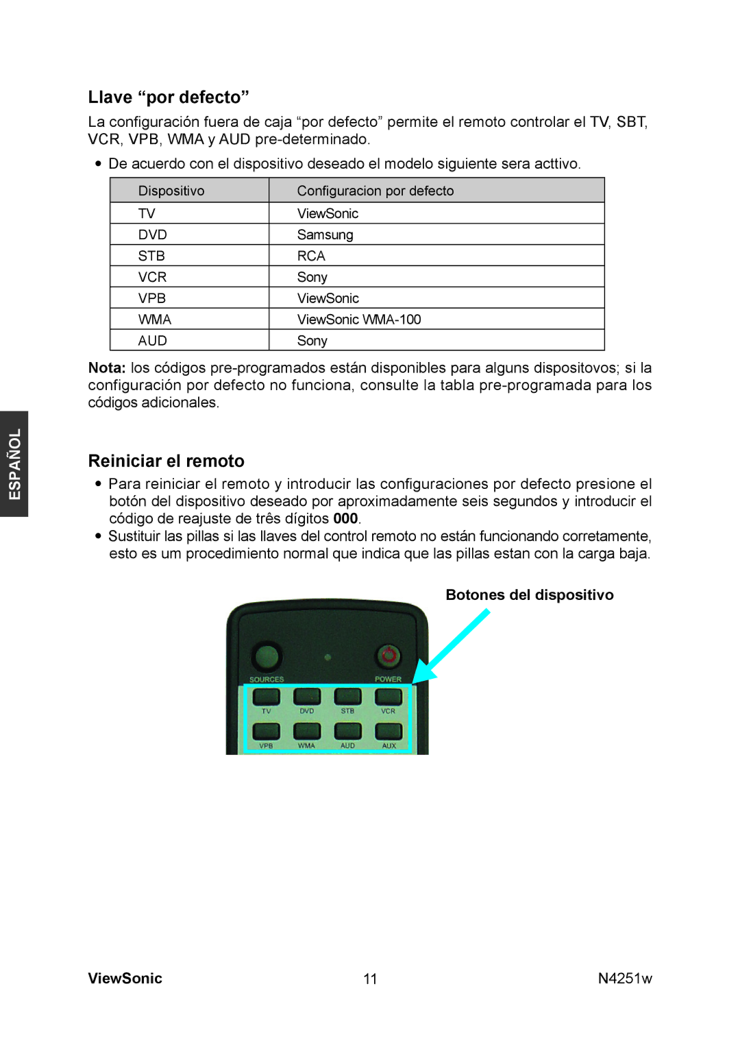 ViewSonic N4251W manual Llave por defecto, Reiniciar el remoto, Botones del dispositivo ViewSonic 