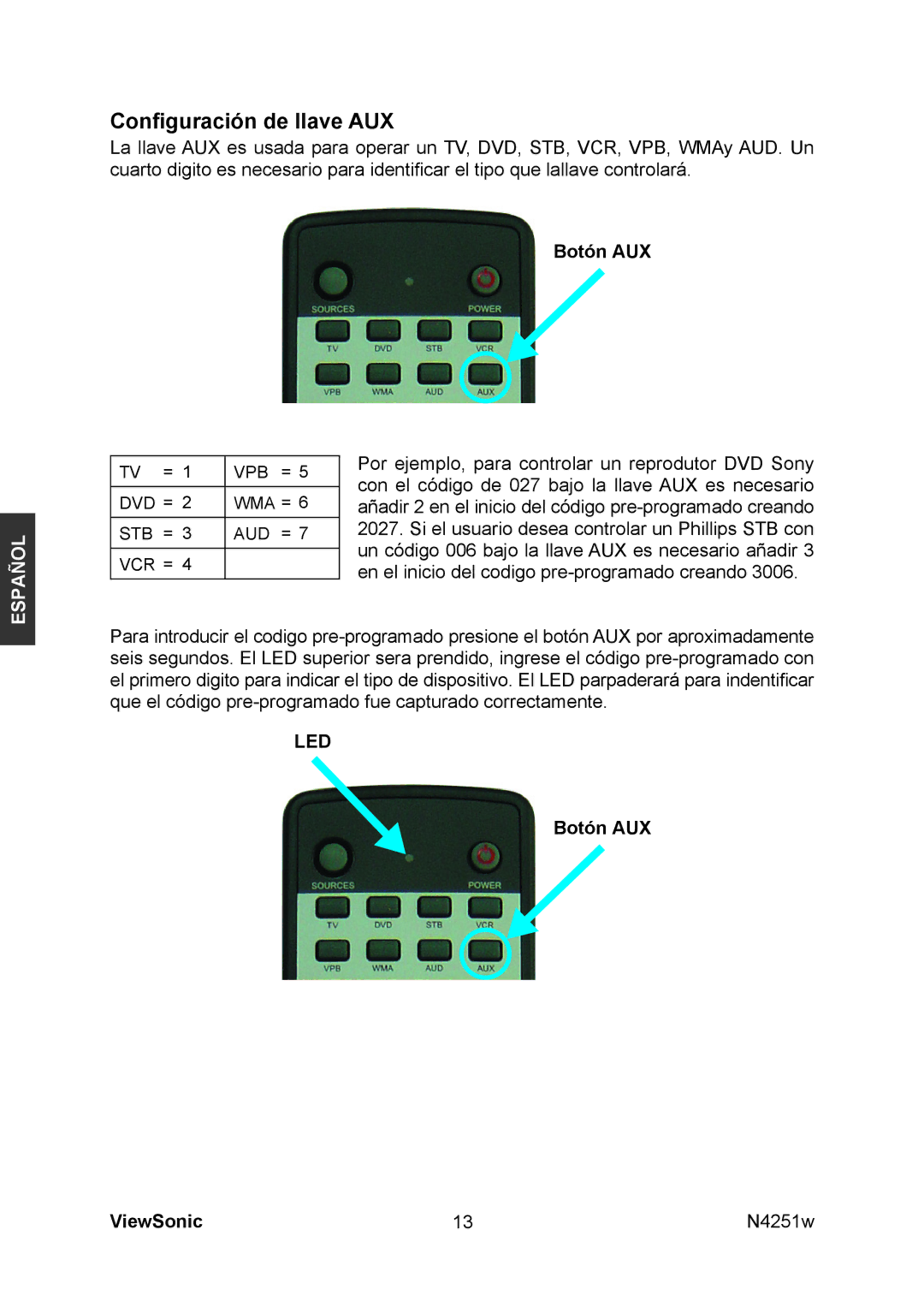 ViewSonic N4251W manual Conﬁguración de llave AUX, Botón AUX ViewSonic 