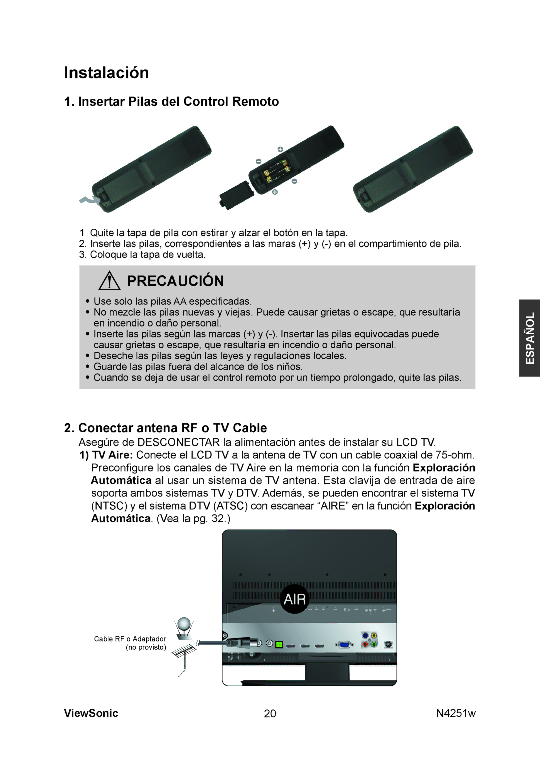 ViewSonic N4251W manual Instalación, Insertar Pilas del Control Remoto, Conectar antena RF o TV Cable 