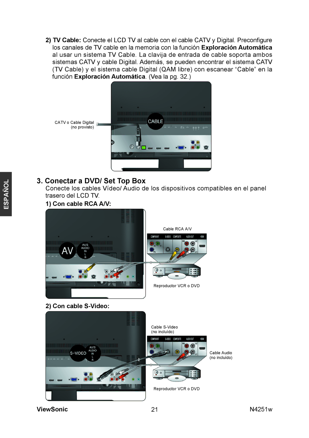 ViewSonic N4251W manual Conectar a DVD/ Set Top Box, Con cable RCA A/V, Con cable S-Video 