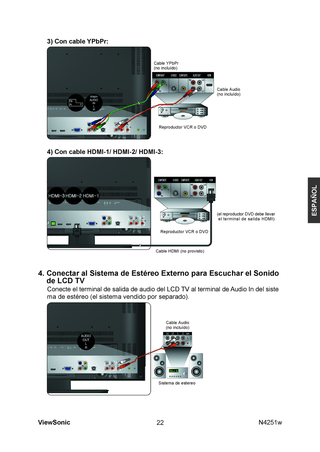 ViewSonic N4251W manual Con cable YPbPr, Con cable HDMI-1/ HDMI-2/ HDMI-3 