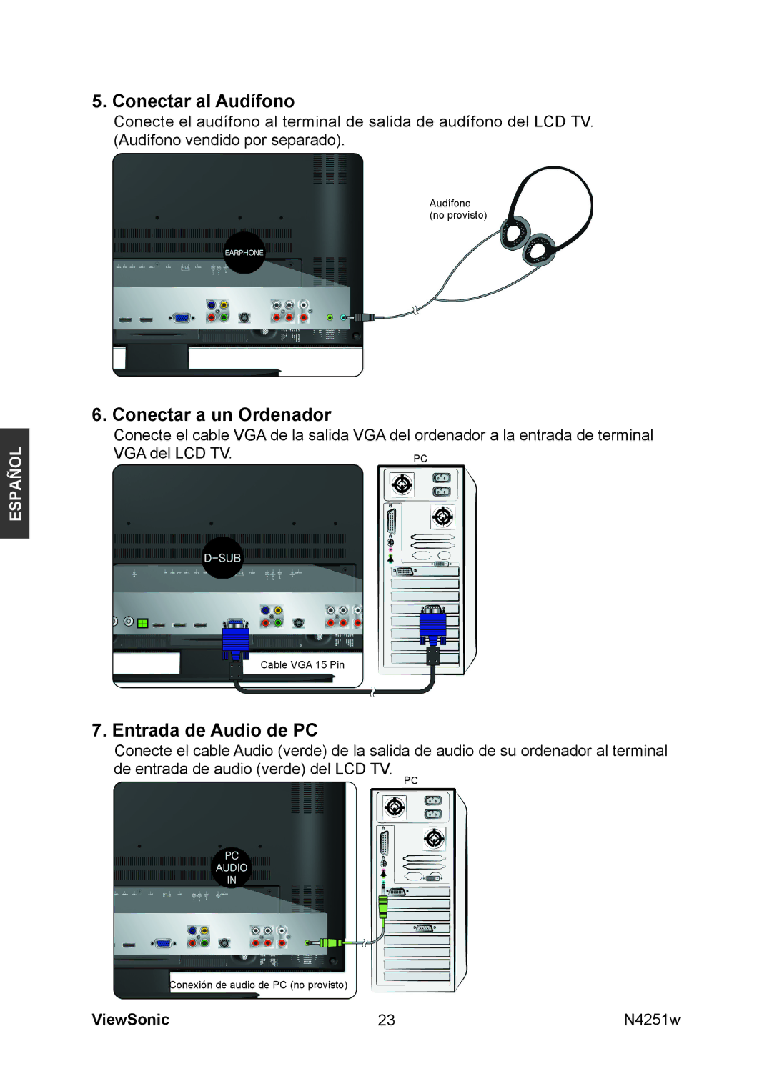 ViewSonic N4251W manual Conectar al Audífono, Conectar a un Ordenador, Entrada de Audio de PC 