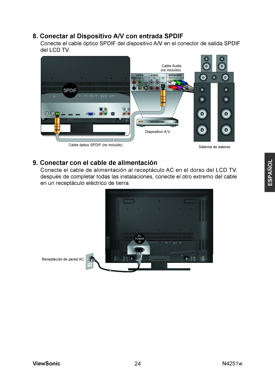 ViewSonic N4251W manual Conectar al Dispositivo A/V con entrada Spdif, Conectar con el cable de alimentación 