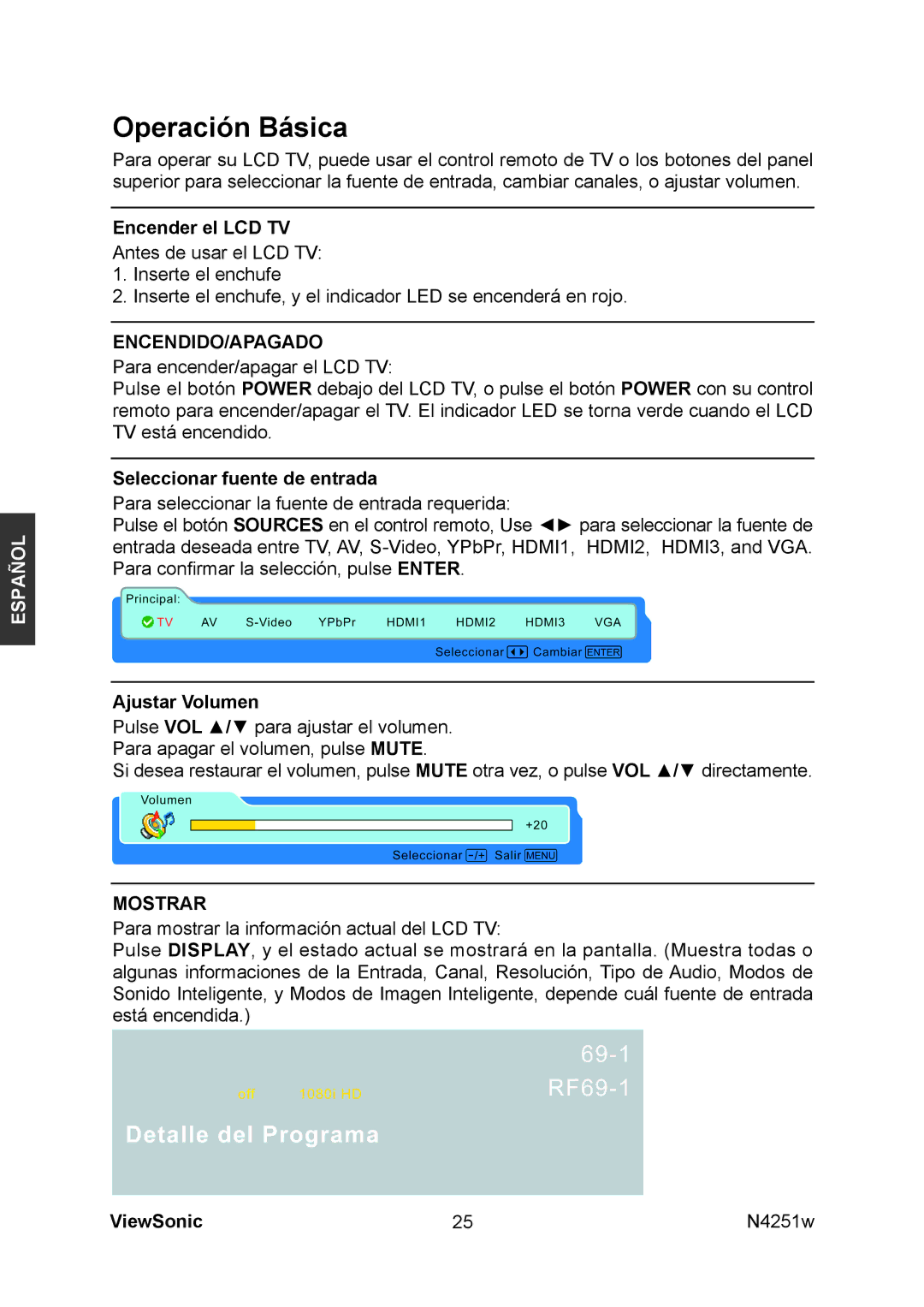 ViewSonic N4251W manual Operación Básica, Encender el LCD TV, Seleccionar fuente de entrada, Ajustar Volumen 