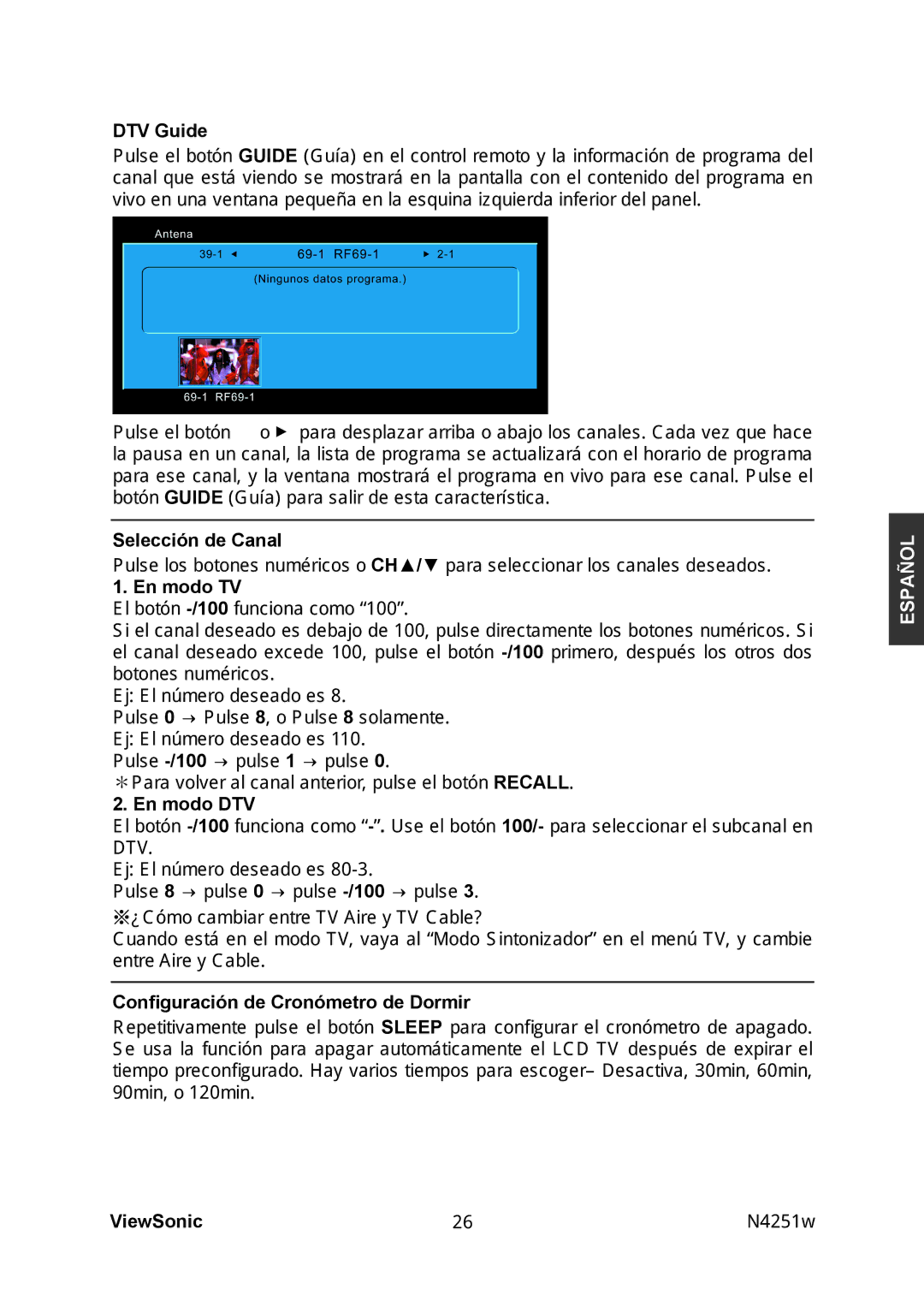 ViewSonic N4251W manual DTV Guide, Selección de Canal, En modo TV, En modo DTV, Conﬁguración de Cronómetro de Dormir 