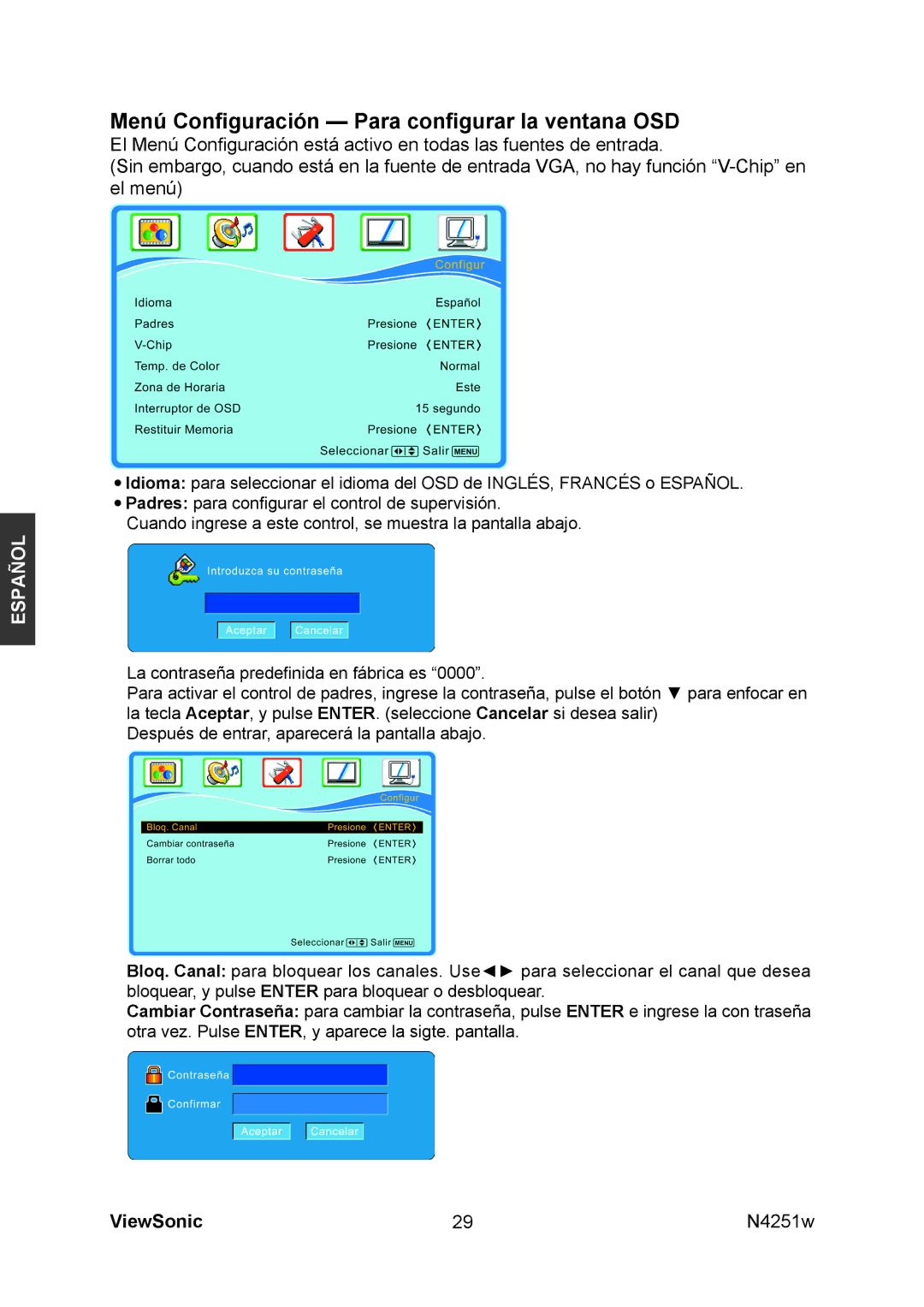 ViewSonic N4251W manual Menú Conﬁguración Para conﬁgurar la ventana OSD 