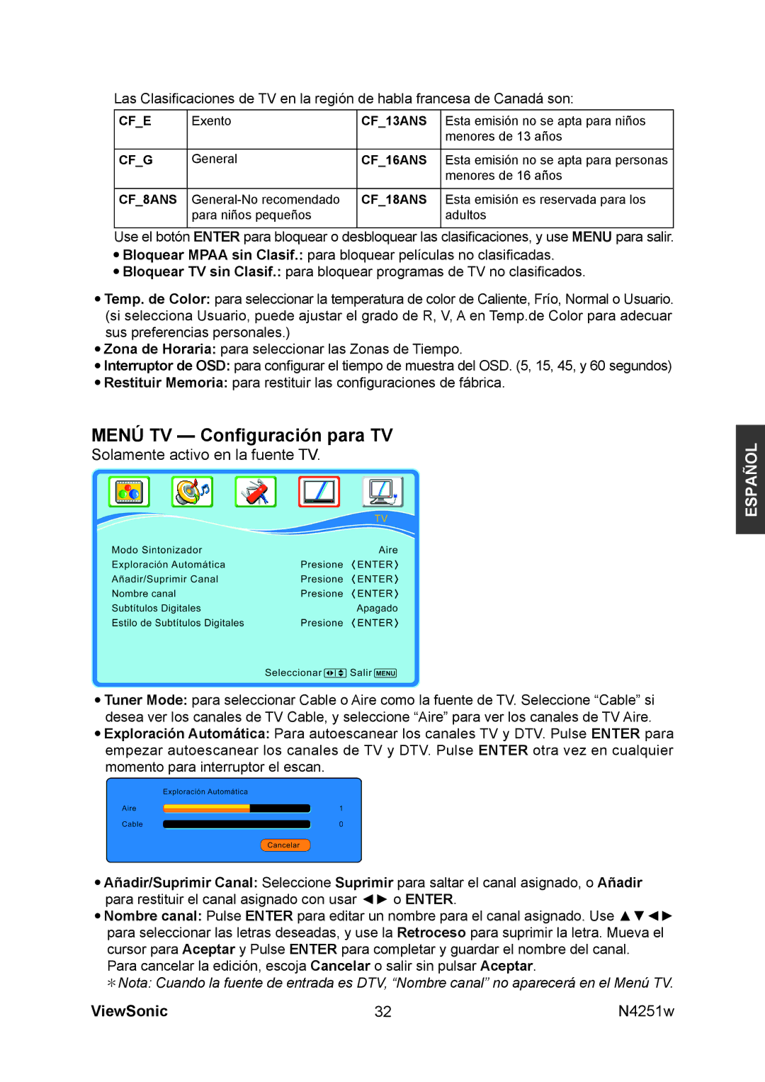 ViewSonic N4251W manual Menú TV Conﬁguración para TV, CF8ANS 