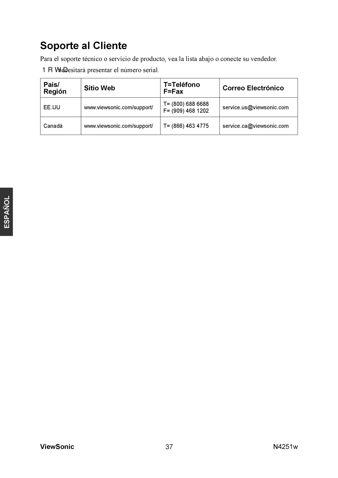 ViewSonic N4251W manual Soporte al Cliente, País Sitio Web =Teléfono Correo Electrónico Región =Fax 