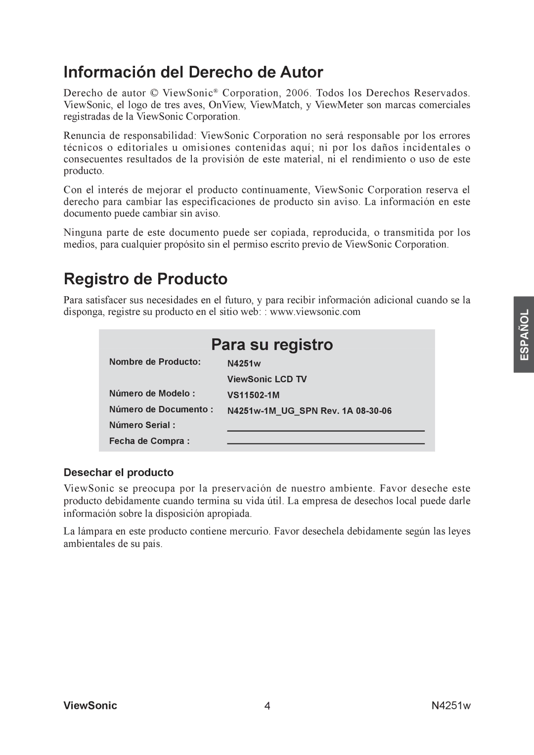 ViewSonic N4251W manual Información del Derecho de Autor, Registro de Producto Para su registro, Desechar el producto 