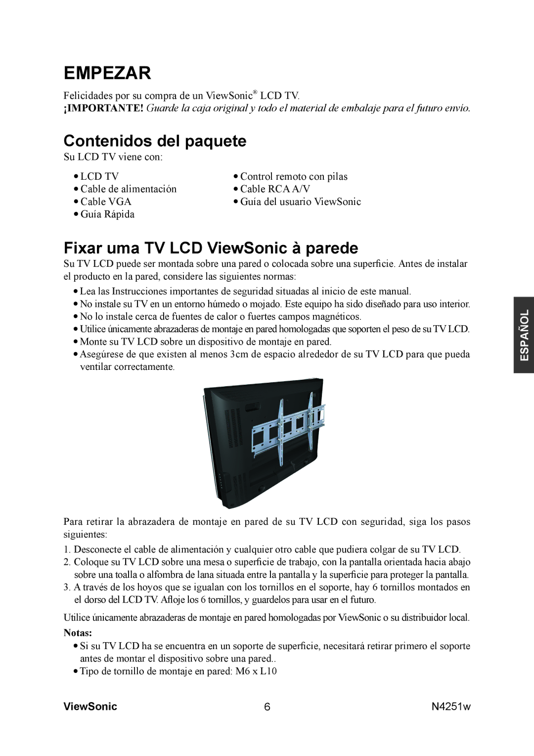 ViewSonic N4251W manual Contenidos del paquete, Fixar uma TV LCD ViewSonic à parede 