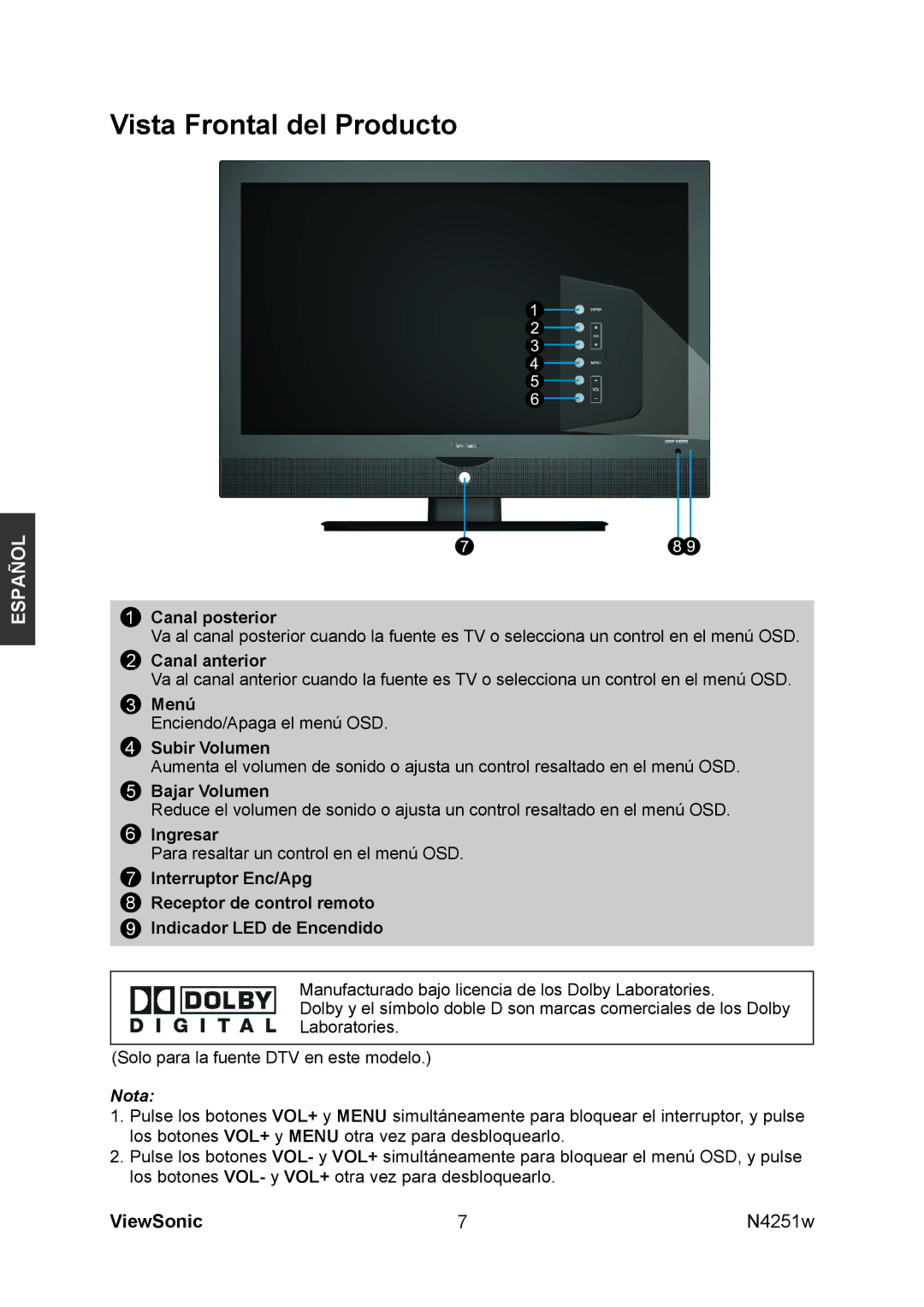 ViewSonic N4251W manual Vista Frontal del Producto, Nota 