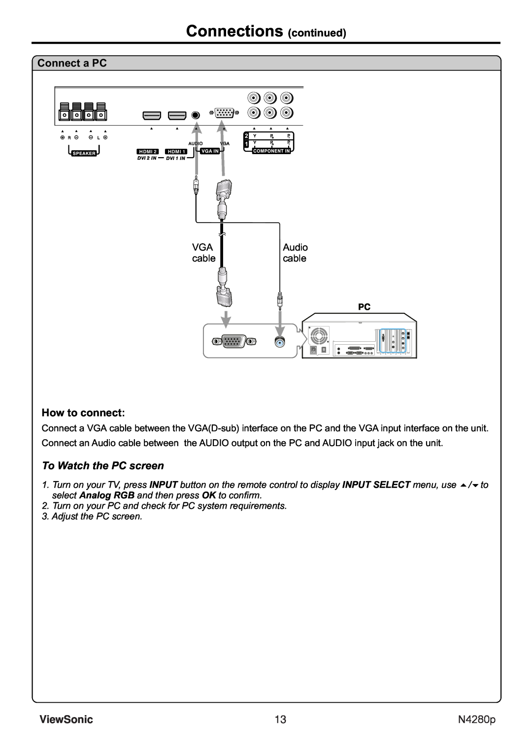 ViewSonic N4280p manual Connections continued, Connect a PC, How to connect, To Watch the PC screen, ViewSonic 