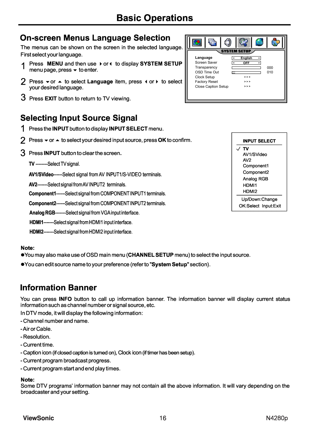 ViewSonic N4280p On-screen Menus Language Selection, Selecting Input Source Signal, Information Banner, Basic Operations 