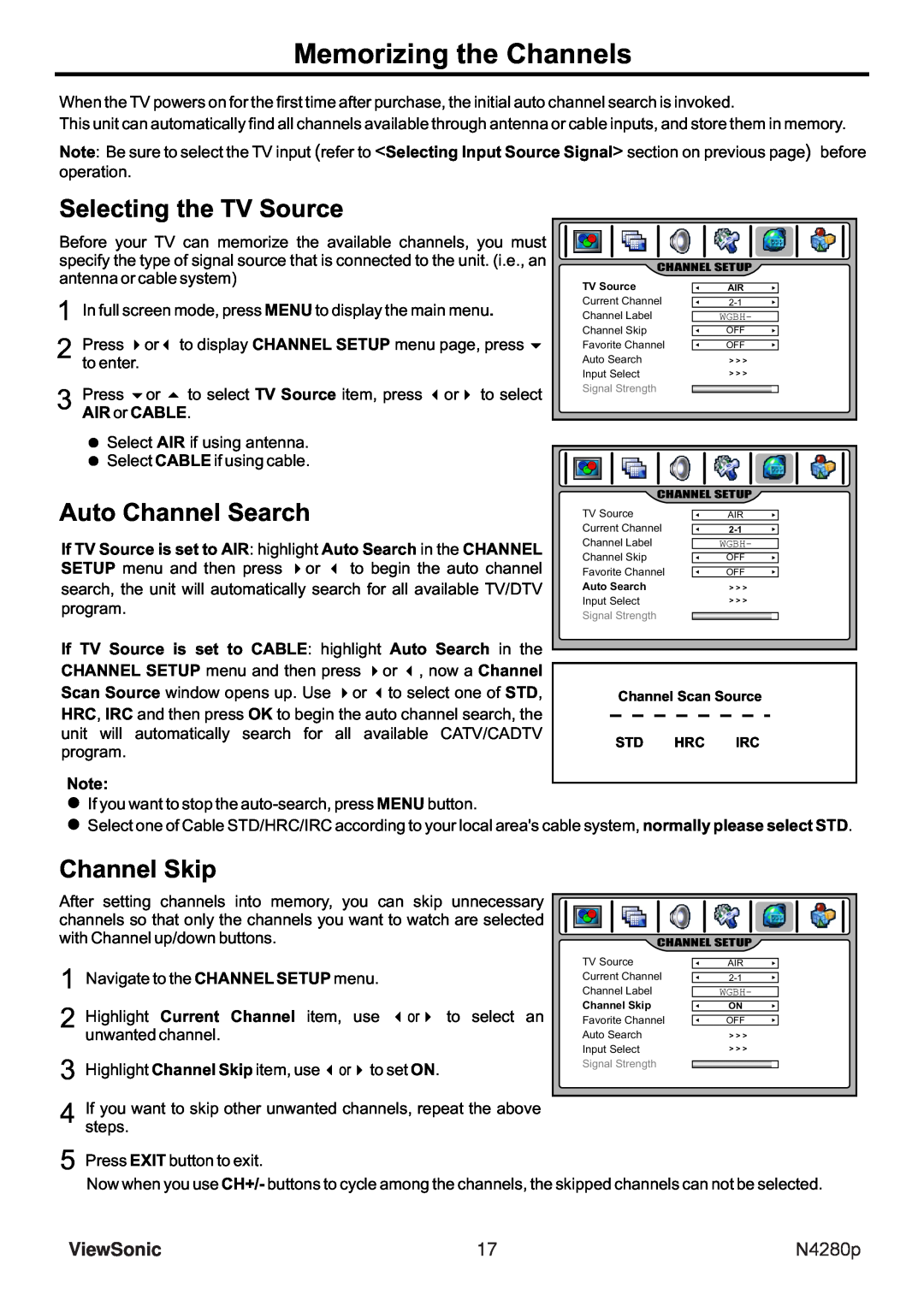 ViewSonic N4280p manual Memorizing the Channels, Selecting the TV Source, Auto Channel Search, Channel Skip, ViewSonic 