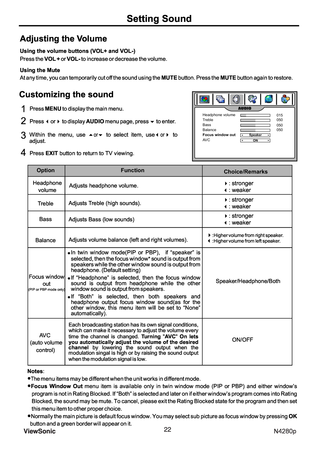ViewSonic N4280p manual Setting Sound, Adjusting the Volume, Customizing the sound, ViewSonic 