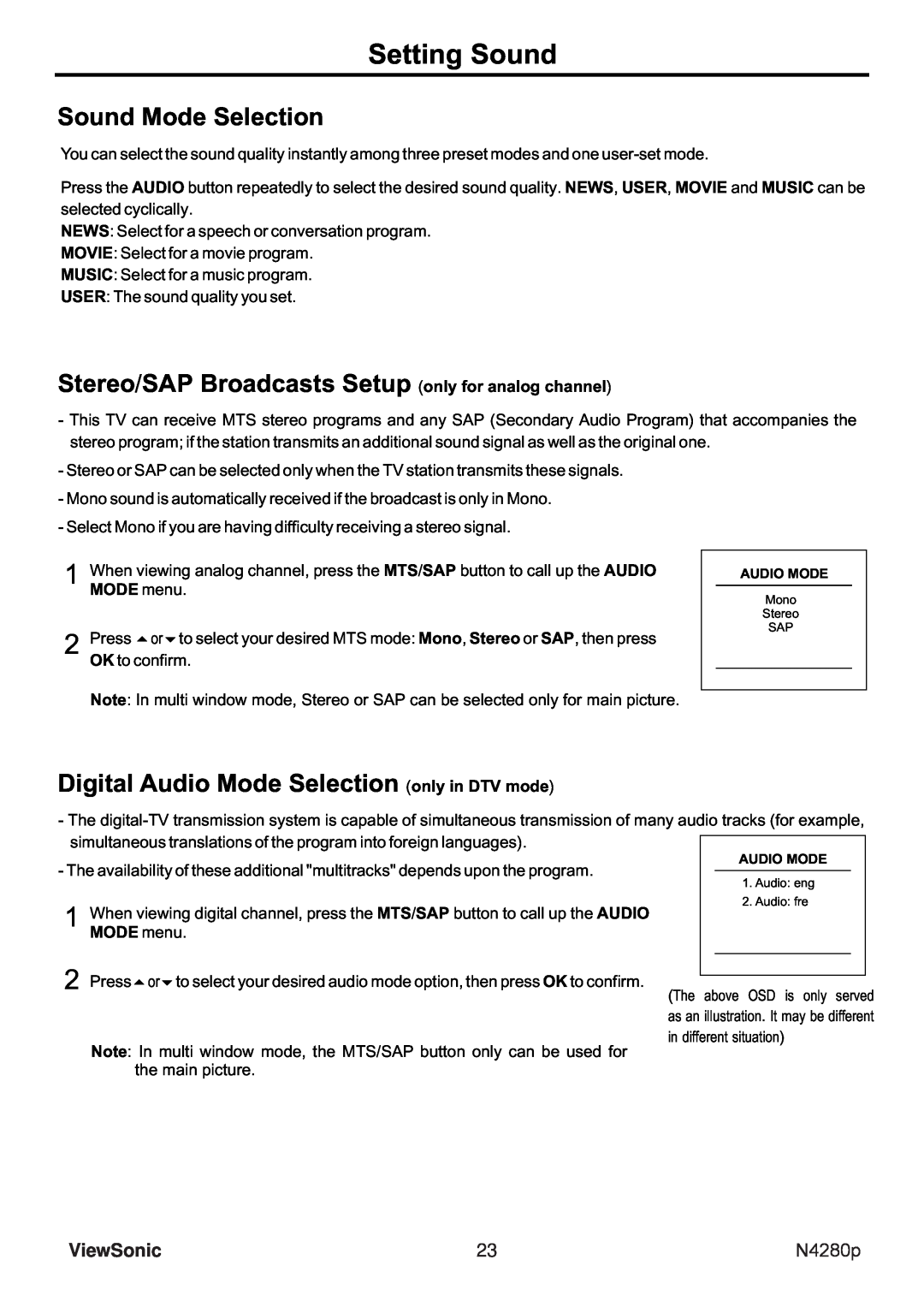 ViewSonic N4280p manual Sound Mode Selection, Stereo/SAP Broadcasts Setup only for analog channel, Setting Sound, ViewSonic 