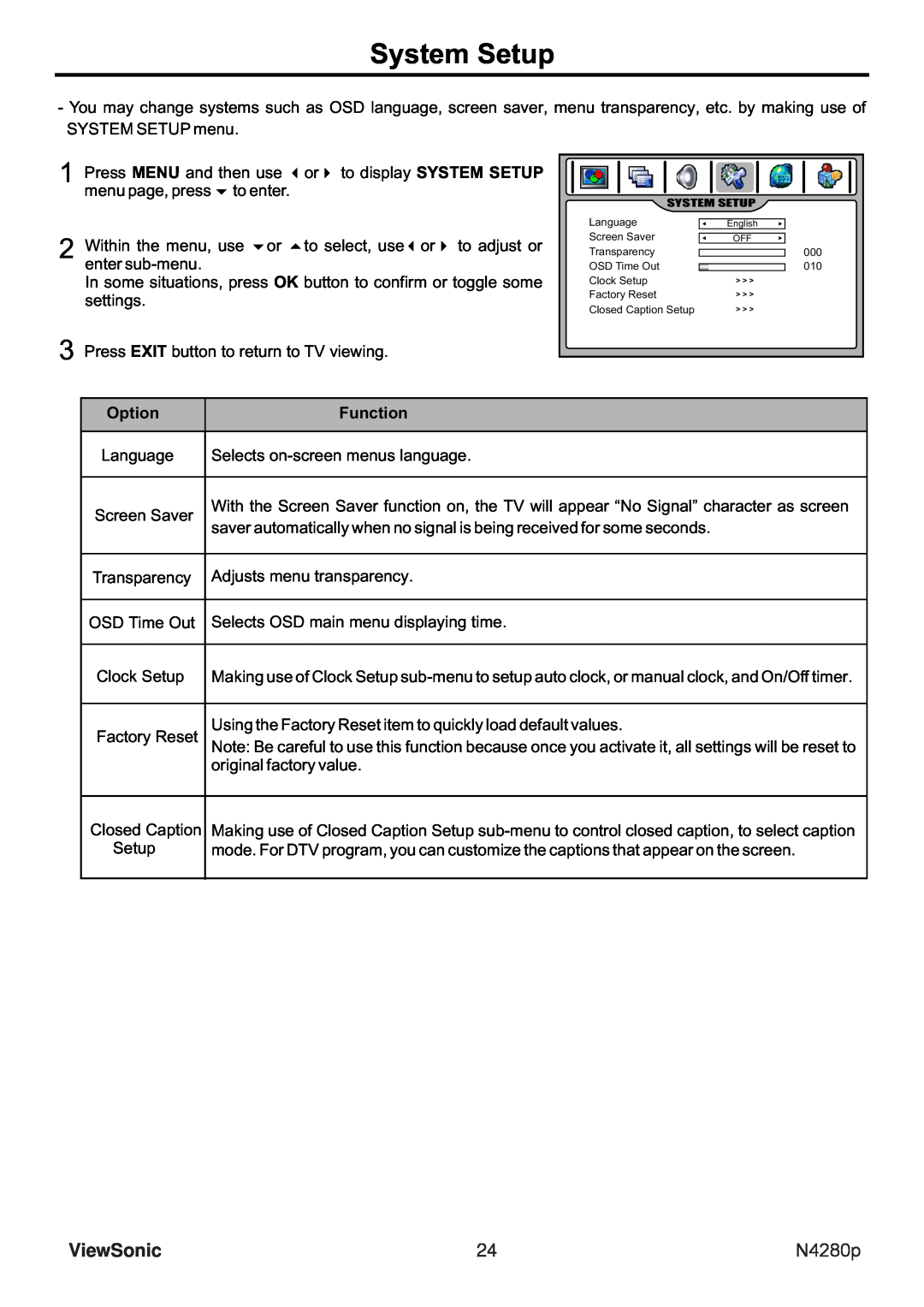 ViewSonic N4280p manual System Setup, ViewSonic, Screen Saver, Transparency, OSD Time Out, Closed Caption 
