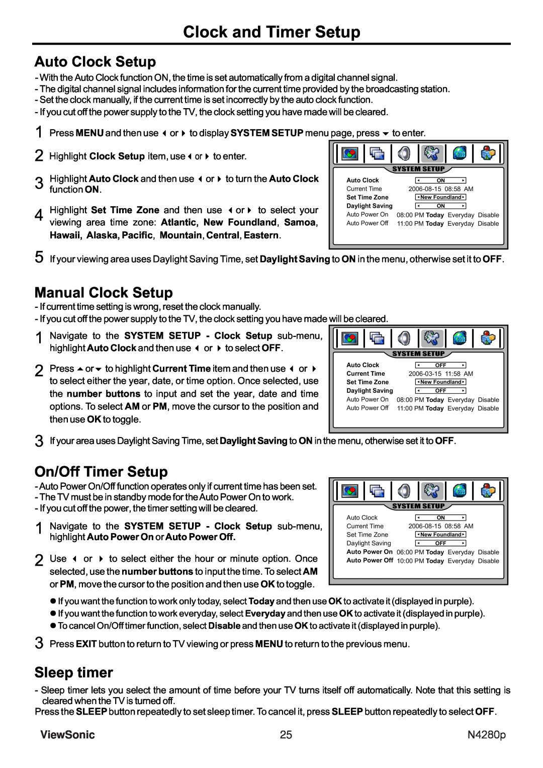 ViewSonic N4280p Clock and Timer Setup, Auto Clock Setup, Manual Clock Setup, On/Off Timer Setup, Sleep timer, ViewSonic 