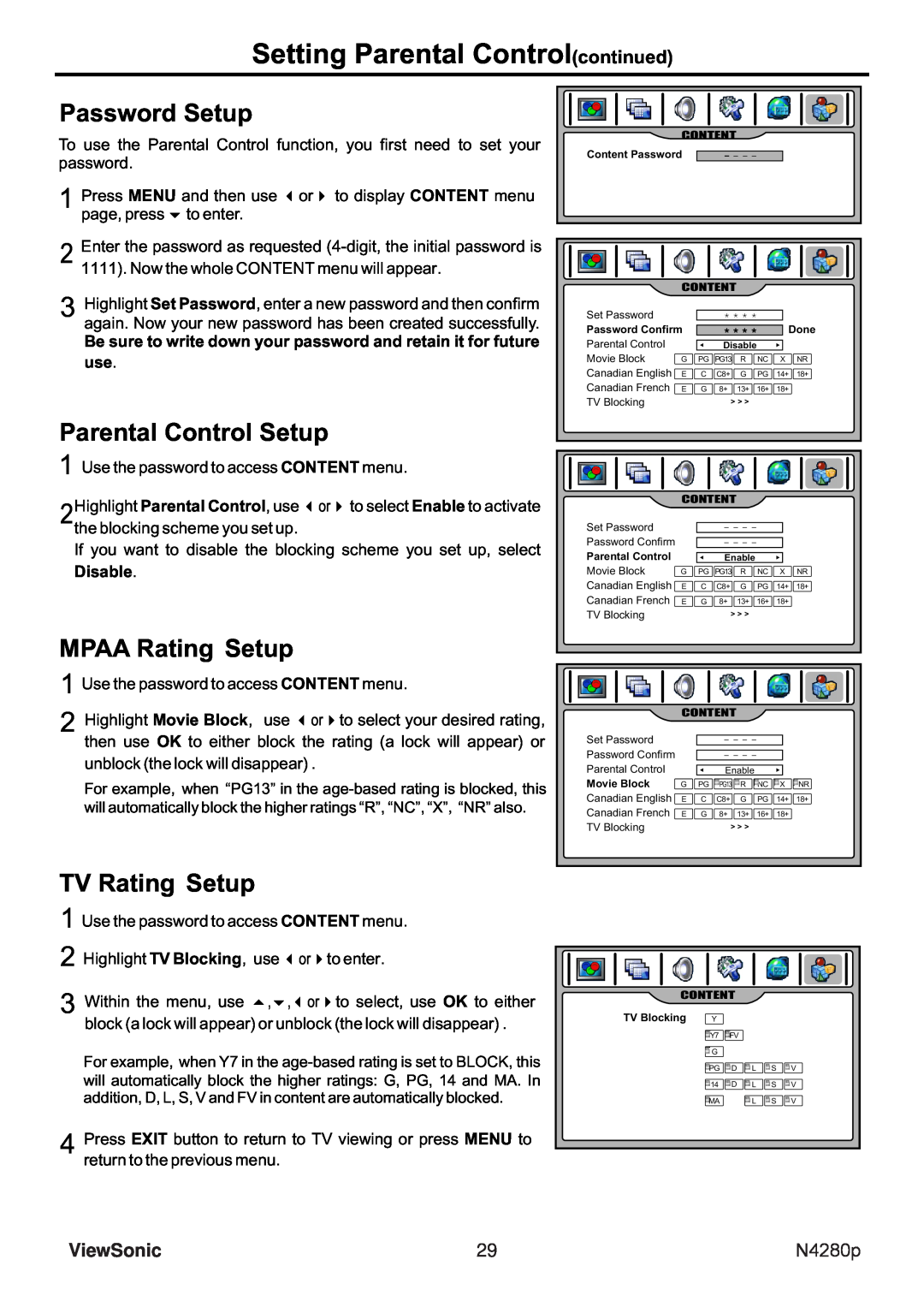 ViewSonic N4280p manual Password Setup, Parental Control Setup, MPAA Rating Setup, TV Rating Setup, ViewSonic 