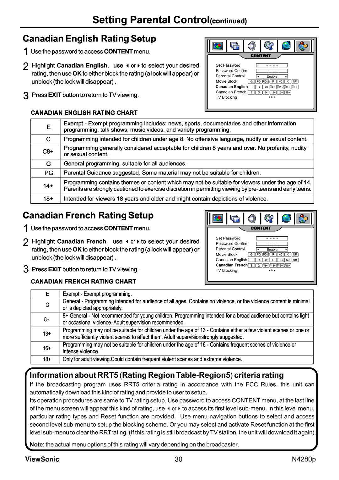 ViewSonic N4280p Canadian English Rating Setup, Canadian French Rating Setup, Setting Parental Controlcontinued, ViewSonic 
