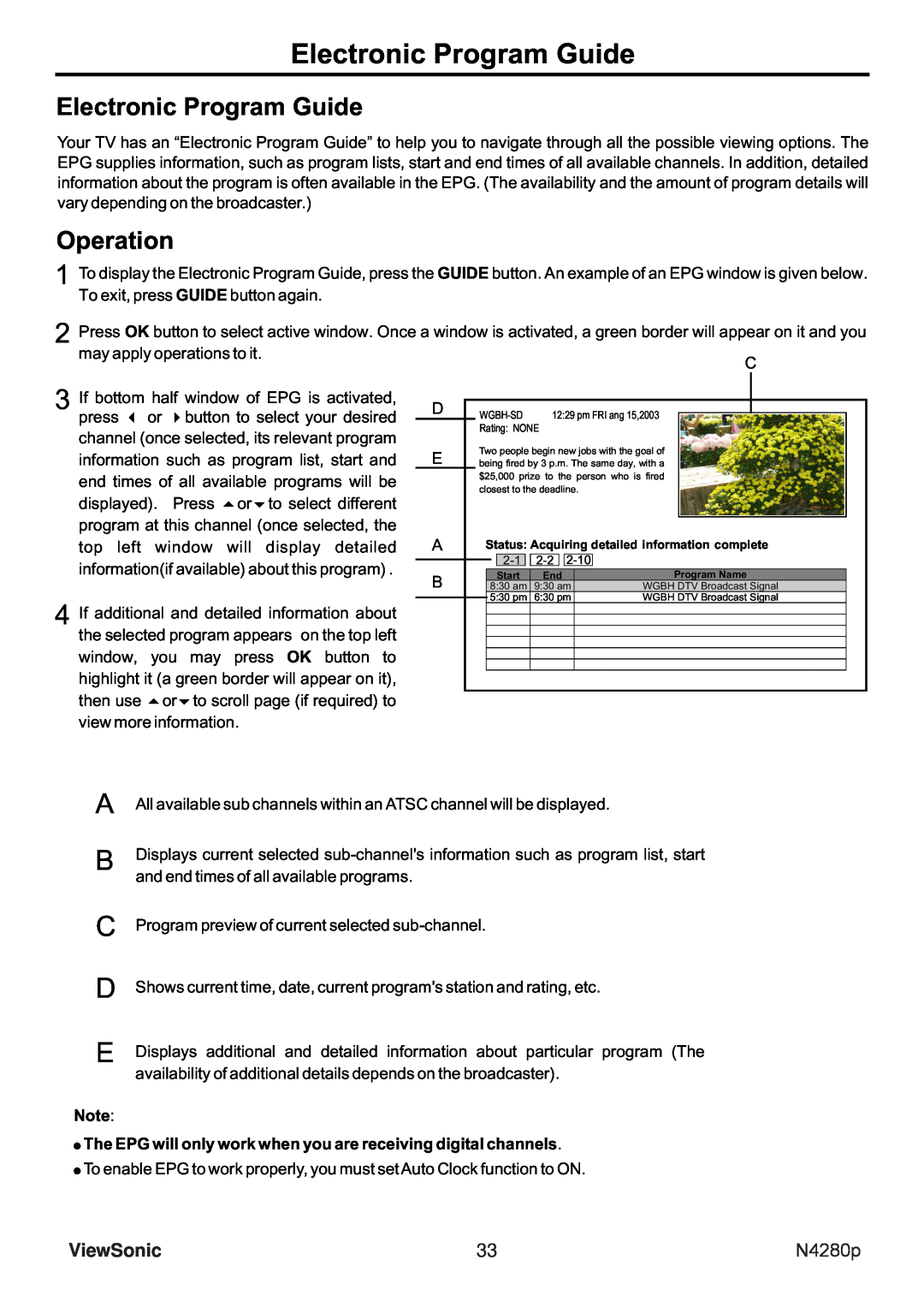 ViewSonic N4280p manual Electronic Program Guide, Operation, A B C D E, ViewSonic 