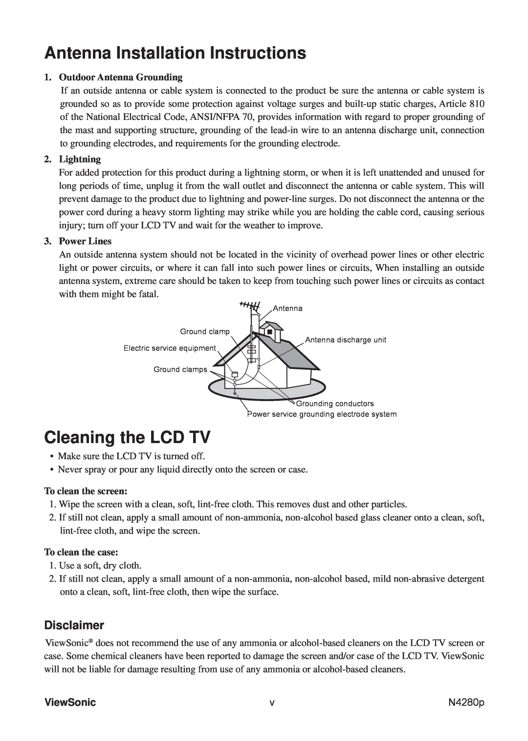 ViewSonic N4280p Antenna Installation Instructions, Cleaning the LCD TV, Disclaimer, ViewSonic, Outdoor Antenna Grounding 