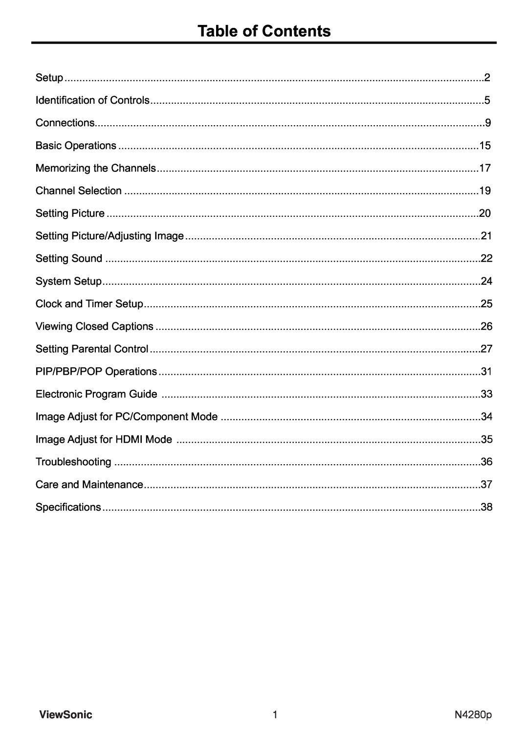 ViewSonic N4280p manual Table of Contents, ViewSonic 