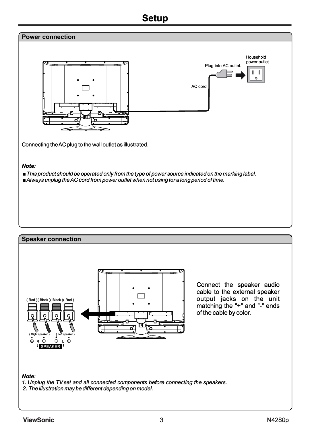 ViewSonic N4280p manual Setup, Power connection, Speaker connection, ViewSonic 