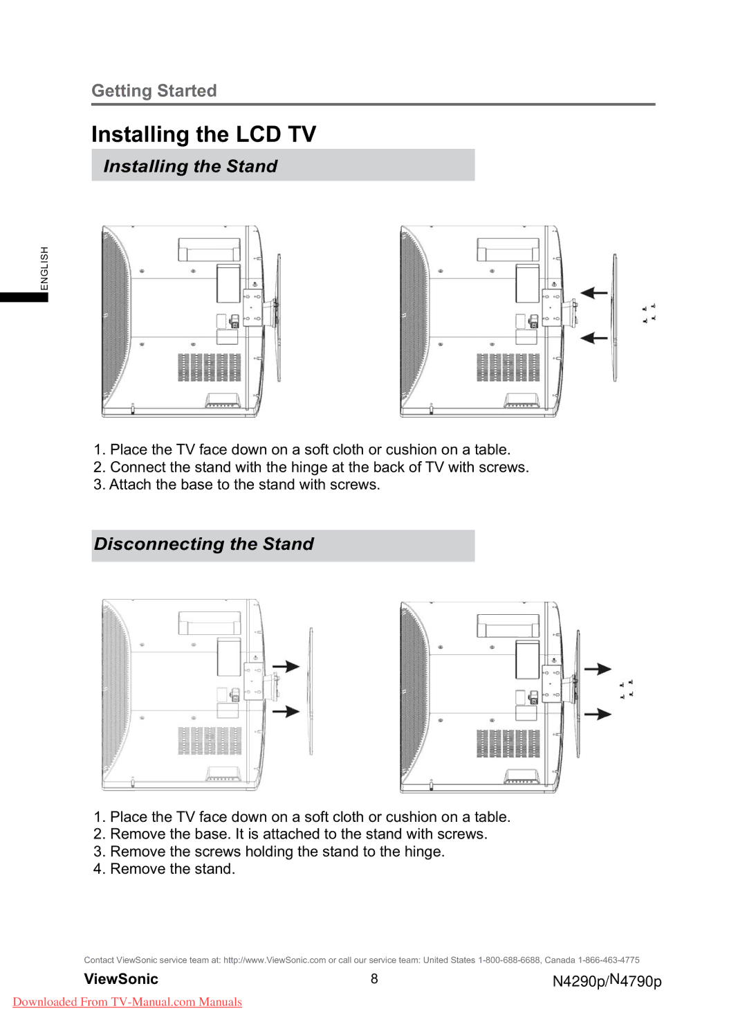 ViewSonic N4790P, N4290p warranty Installing the LCD TV, Installing the Stand, Disconnecting the Stand 